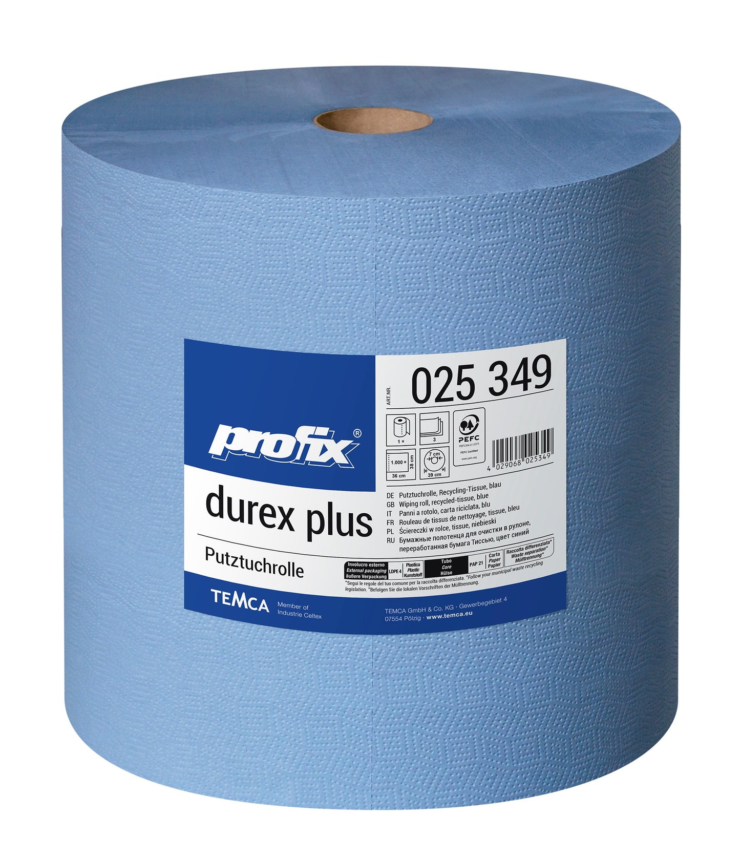 TEMCA Profix durex plus Putzrolle 025349, 38 x 36cm, 3-lagig, 1000 Blatt, blau