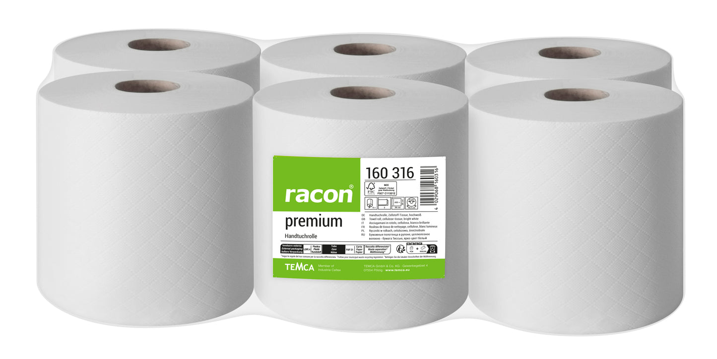 TEMCA Racon Premium Handturchrollen 160316 (früher 160521), Innenabrollung, 2-lagig, hochweiß 450 Blatt