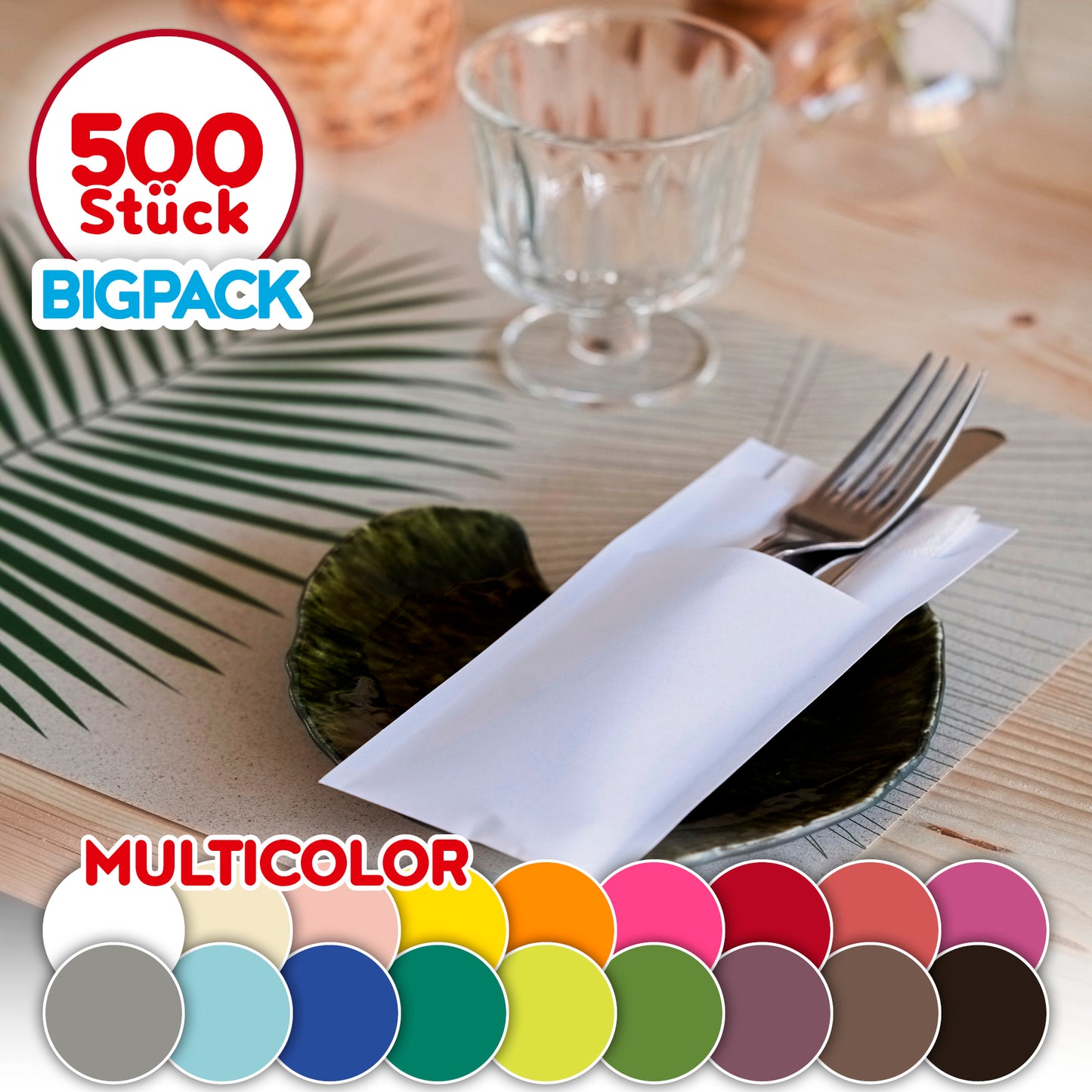 Bestecktaschen inkl. Serviette farbig "Welcome", 500 Stk.