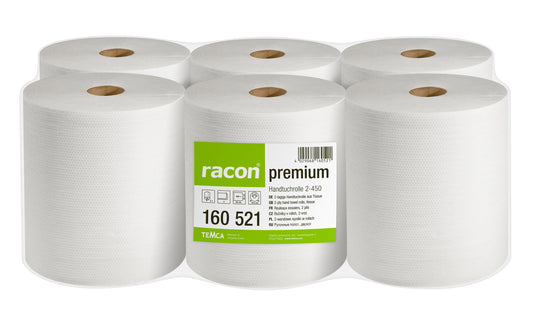 TEMCA Racon Premium Handturchrollen 160521, Innenabrollung, 2-lagig, hochweiß 450 Blatt